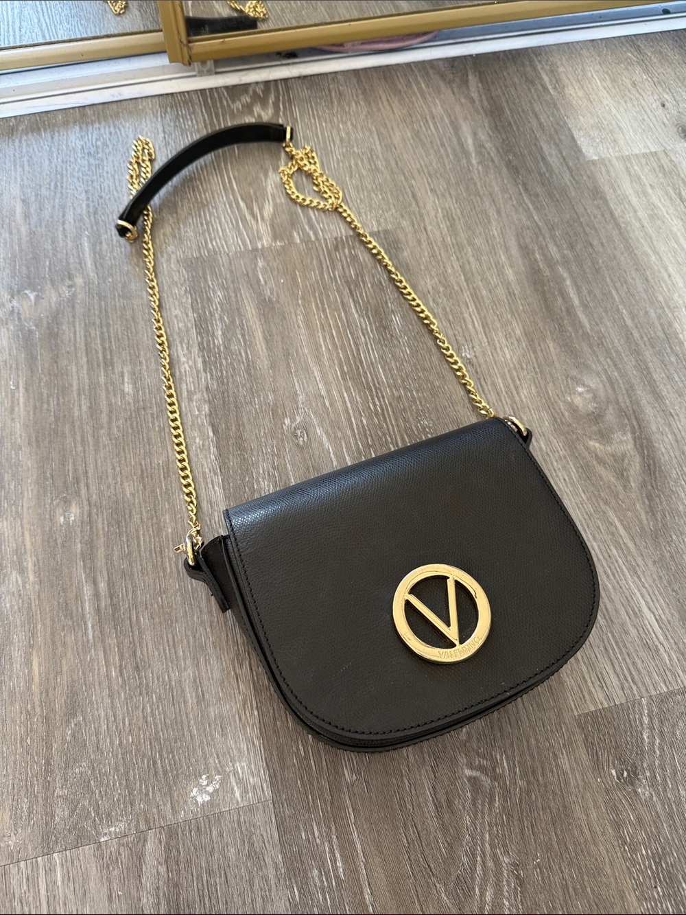 Valentino Black Leather Crossbody with Gold V Emblem